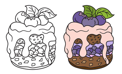 Cake with blueberries. Sweet dessert. Illustration for coloring