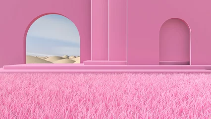 Fotobehang Fluor Roze Meadow in the room. 3D illustration, 3D rendering   © wichuda