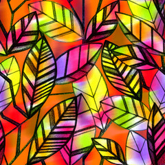 Hand drawn abstract leaves on a bright colorful blurred background.   Seamless pattern.
