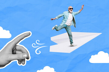 Creative composite collage photo of black white effect hands launch paper plane with mini granddad...