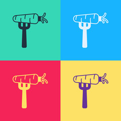 Pop art Carrot on fork icon isolated on color background. Vector