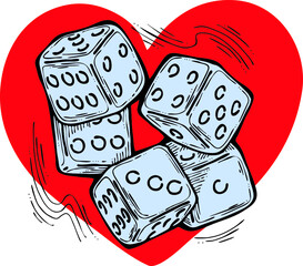 Game dice to try your luck, fortune. Risky funny activity, casino, bet, gambling, addiction, win or lose. Love and flirt play. Hand drawing vintage colorful vector illustration. Cartoon style drawing.