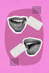 Funky poster collage of two mouth share novelty concept of shopping announcements isolated bright...