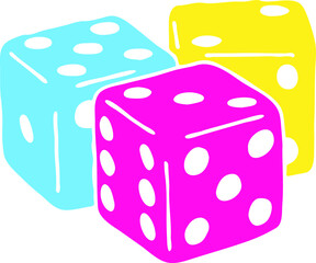 Game dice to try your luck, fortune. Risky funny activity, casino, bet, gambling, addiction, win or lose. Colourful silhouette vector illustration. Comic cartoon style drawing.