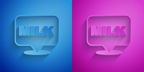 Paper cut Lettering milk icon isolated on blue and purple background. Hand written design for label, brand, badge. Paper art style. Vector