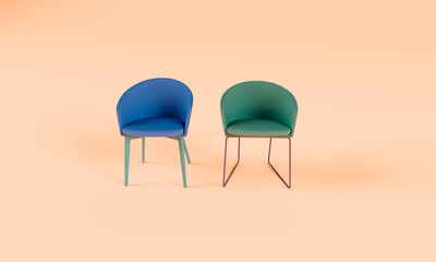 two colorful chair 3d render on Romantic color background