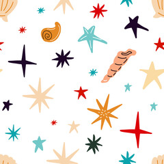 Obraz premium Sea seamless pattern with shells, corals, starfish on a white background. Vector illustration