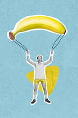 Creative collage banner of excited sporty man doing freedom extreme sport paragliding isolated...