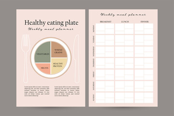 weekly meal planner template. healthy eating plate principle for diet organization, breakfast lunch  dinner planning. vector graphic background