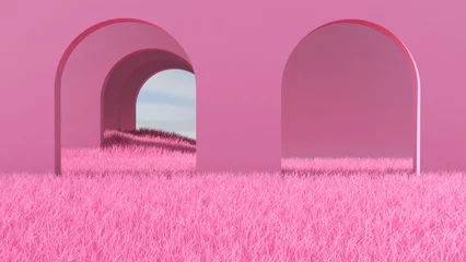 Fotobehang Fluor Roze Meadow in the room. 3D illustration, 3D rendering   © wichuda