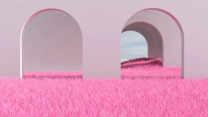 Fotobehang Fluor Roze Meadow in the room. 3D illustration, 3D rendering    © wichuda
