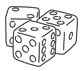 Game dice to try your luck, fortune. Risky funny activity, casino, bet, gambling, addiction, win or lose. Hand drawing retro vintage monochrome illustration. Old style comic cartoon line drawing.