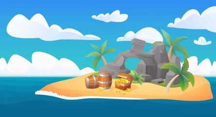 Wandcirkels Piraten Island in harbor with pirate treasures and palm trees on beach vector illustration. Cartoon sea landscape with water under blue sky and clouds, Caribbean buccaneers chest full of gold coins background  © lembergvector