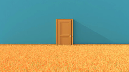 Door on meadow in the empty room with sky background. 3D illustration, 3D rendering	