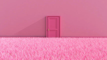 Door on meadow in the empty room with sky background. 3D illustration, 3D rendering	