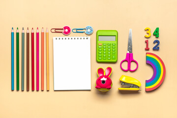 Frame from school and office supplies Paper clips, pens, calculator, sharpener, notepad, stapler...