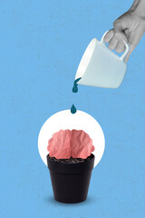 Vertical collage portrait of big arm black white colors hold cup pouring information water brain pot growth isolated on drawing blue background