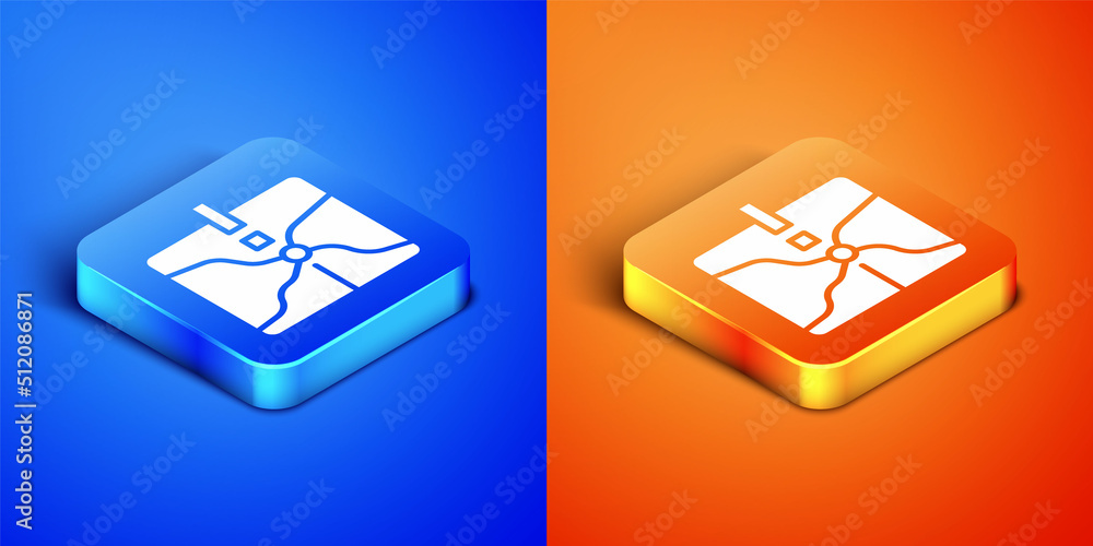 Poster isometric intersection point icon isolated on blue and orange background. square button. vector