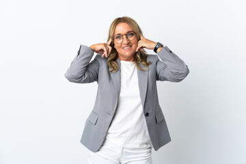 Middle aged business woman over isolated white background having doubts and thinking