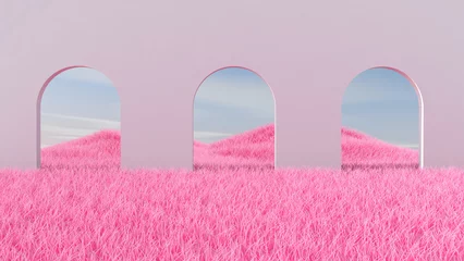 Fotobehang Fluor Roze Meadow in the room. 3D illustration, 3D rendering    © wichuda