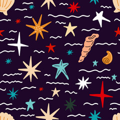 Obraz premium seamless pattern with shells, corals, starfish on a dark blue background. Vector illustration