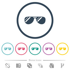 Aviator sunglasses with glosses flat color icons in round outlines