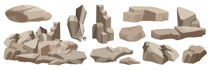 Rocks and stones set vector illustration. Cartoon piles of natural boulders, small and big granite blocks and rough materials, grey solid pebbles and gravel heap, broken cliff isolated on white © lembergvector