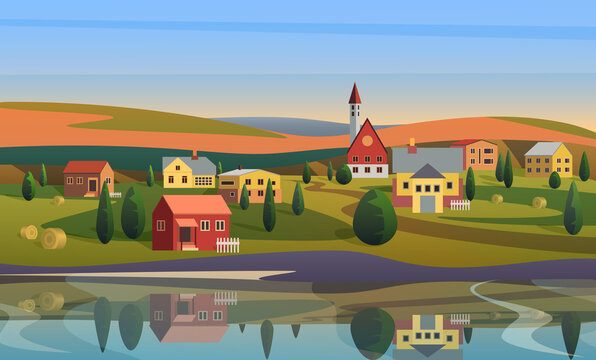 European village or small town in countryside landscape at sunrise vector illustration. Cartoon rural houses, waters of river or lake, meadow and farm fields at distant, suburb panorama background