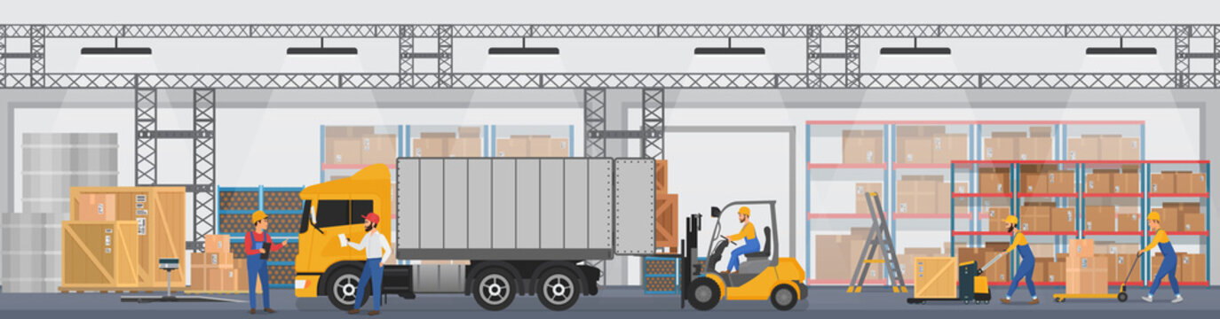 Factory warehouse interior with inventory, equipment, workers and truck vector illustration. Cartoon people in hardhats work, loading parcel boxes with goods into car background. Logistics concept