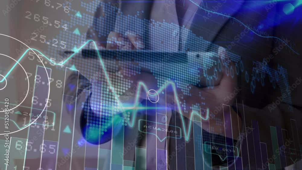 Poster animation of financial data processing over caucasian man using smartphone