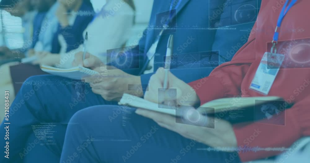Poster animation of flag of statistics and financial data processing over business meeting