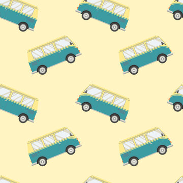Kids seamless pattern with blue bus on yellow background