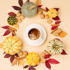 Autumn composition with cup of coffee, pumpkins, apples, nuts and cinnamons on pastel beige background.
