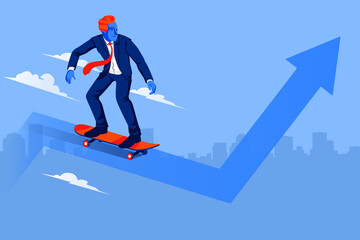 Business man with skateboard, skateboarding on arrow and grow chart up increase profit sales and investment. Business return on investment ROI concept illustration