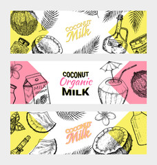 Coconut cards. Palm leaf, Milk packaging, glass bottle, butter, cosmetic cream jar, cocktail with umbrella. Poster or banner. Vintage style. Tropical food illustration