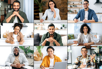 Collage of a group of multiracial young adult modern people, positive freelancers or students looking at the camera smiling friendly. Faces of a happy men and women of different nationalities