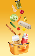 Yellow shopping basket with fresh food full of variety of grocery products, food and drink on yellow background. Supermarket food concept. Home delivery. Food ingredient float. Flying concept.