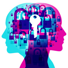 2 people&rsquo;s side silhouettes overlaid with various-sized semi-transparent padlocks. Overlaid centrally is a large white &ldquo;key&rdquo; representing the answer.