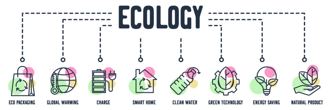 Eco Friendly. Environmental Ecology Banner Web Icon. Eco Packaging, Global Warming, Charge, Smart Home, Clean Water, Green Technology, Energy Saving, Natural Product Vector Illustration Concept.