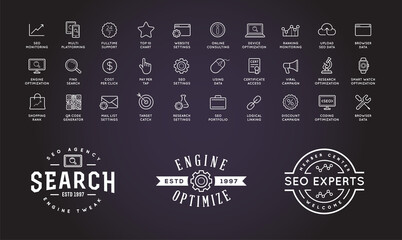 Fototapeta premium Set of Vector SEO Search Engine Optimisation Elements and Icons Illustration can be used as Logo or Icon in premium quality