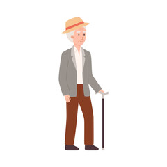 Elderly man leaning on cane or walking stick, flat vector illustration isolated.
