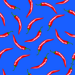 Pattern with red chili peppers on a blue background. High quality vector illustration.