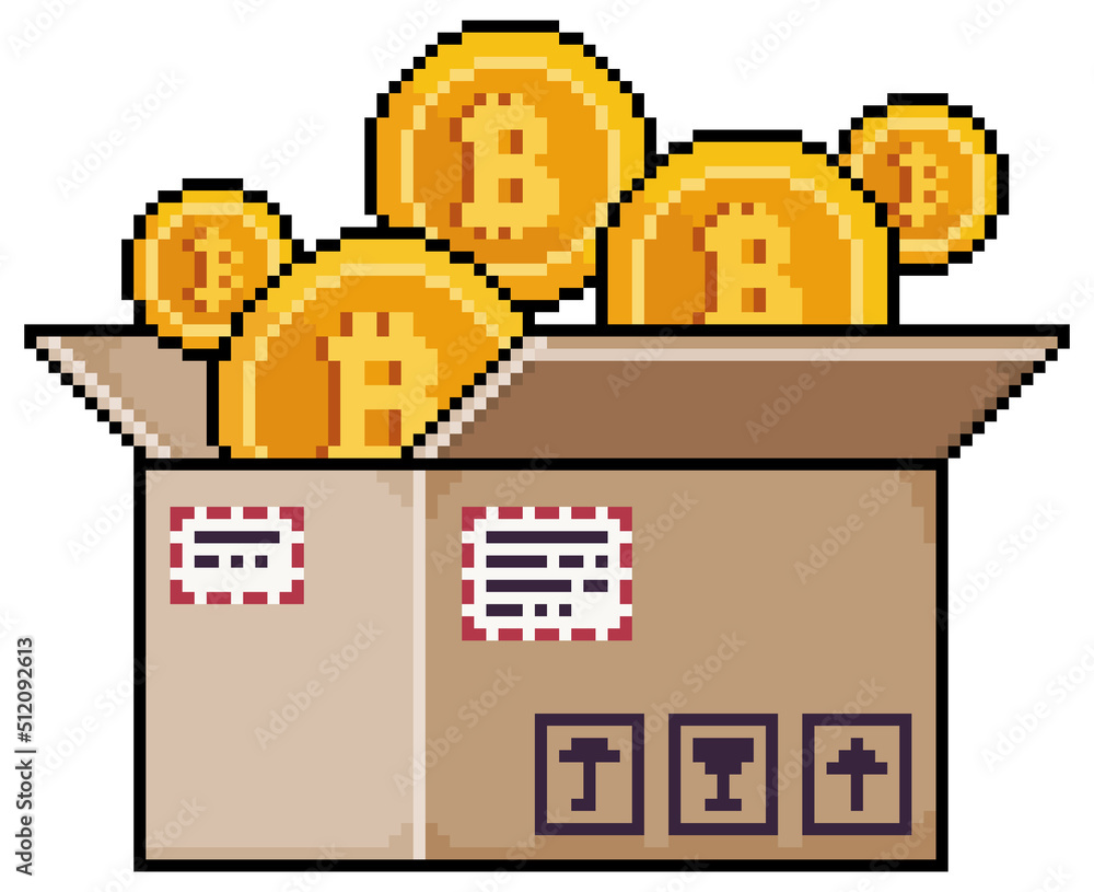Poster pixel art bitcoins in cardboard box. cryptocurrency order vector icon for 8bit game on white backgro