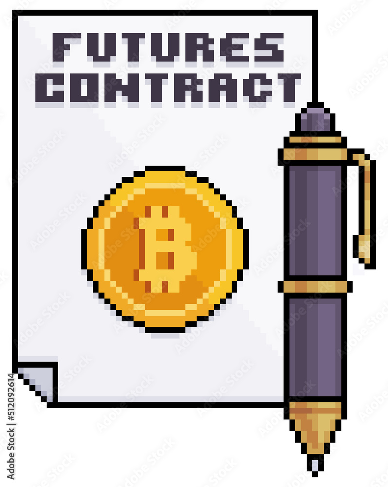 Poster Pixel art bitcoin futures contract. Paper and pen vector icon for 8bit game on white background
