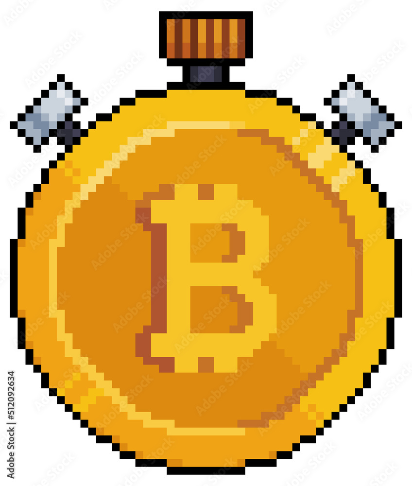 Poster pixel art bitcoin stopwatch. cryptocurrency investment time vector icon for 8bit game on white backg