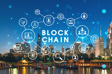 City view of Downtown skyscrapers of Chicago skyline panorama over Lake Michigan, harbor area, night time, Chicago, Illinois, USA. Decentralized economy. Blockchain, cryptography concept, hologram