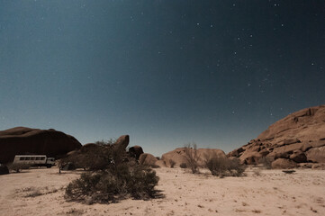 Night shot of the Namibian Desert near Spitzkoppe, under a clear starry southern sky.
