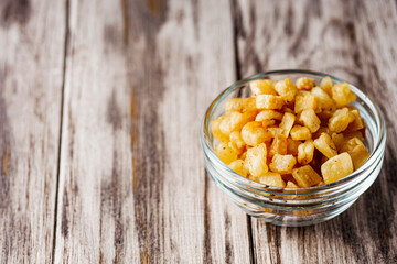 fried lard cracklings on a wooden rustic background