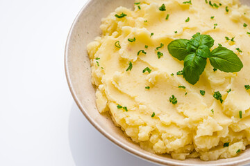 fresh tasty mashed potatoes on a white background