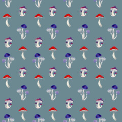 Seamless watercolor pattern of mushrooms on blue field. Russula, fly agaric, chanterelles, toadstools and snail. Poison mushroom. Design for textile, packaging, wallpaper. Halloween magic background.	